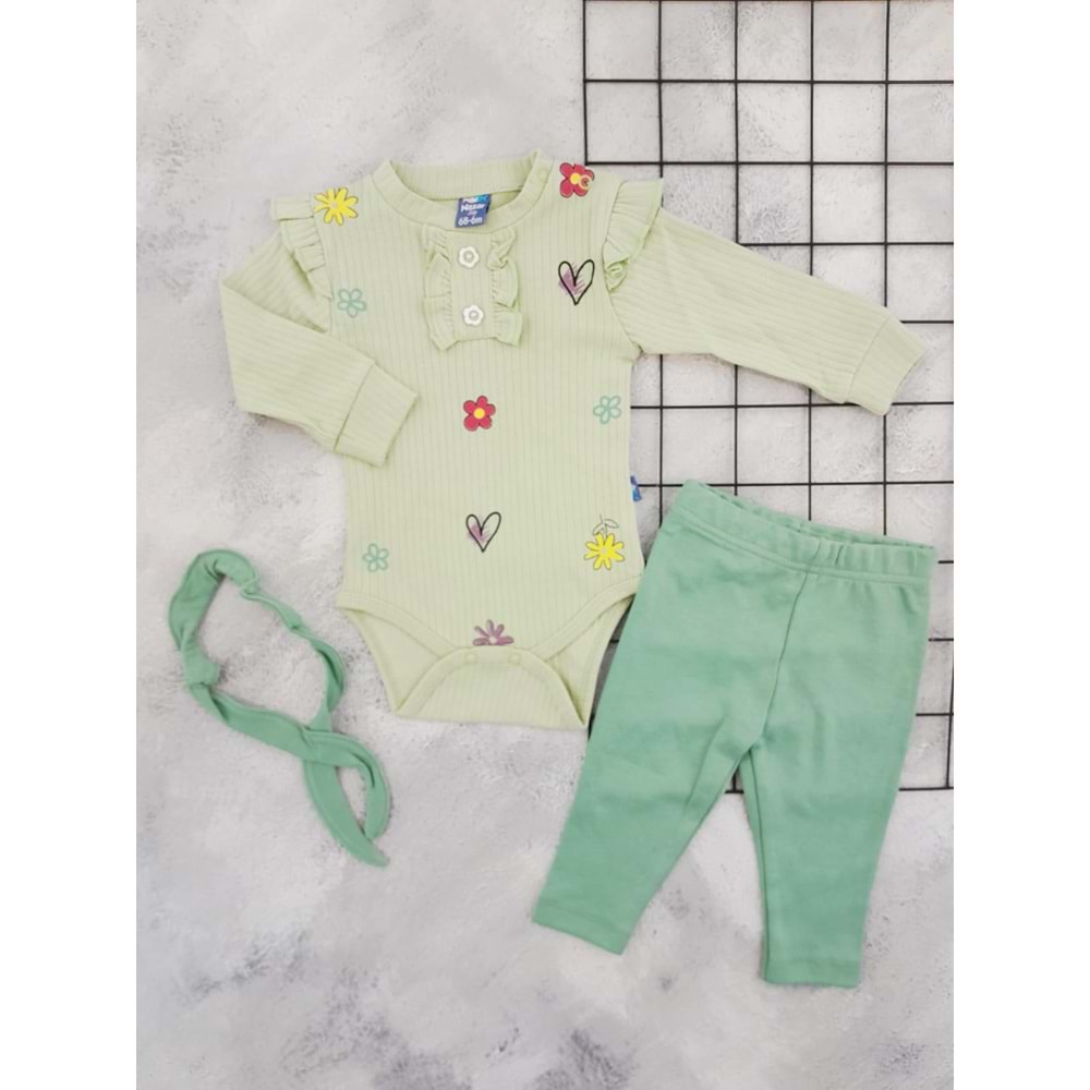 NAZAR 24546 ÇİÇEK BASKILI RAPORLU 3 LÜ TAKIM - YEŞİL - 9 AY