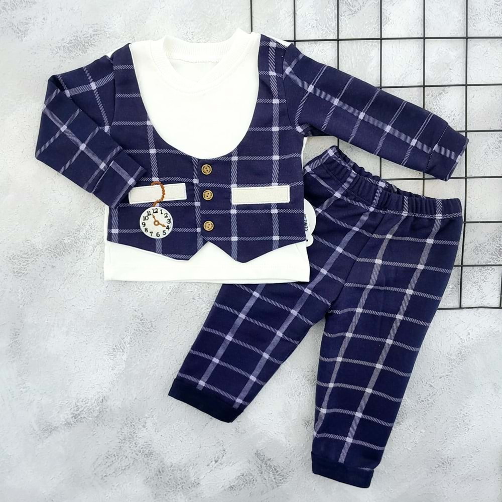CEWİZ BEBE 2582 KÖSTEKLİ SAAT NAKIŞ YELEKLİ TAKIM - LACİ - 12-18 AY