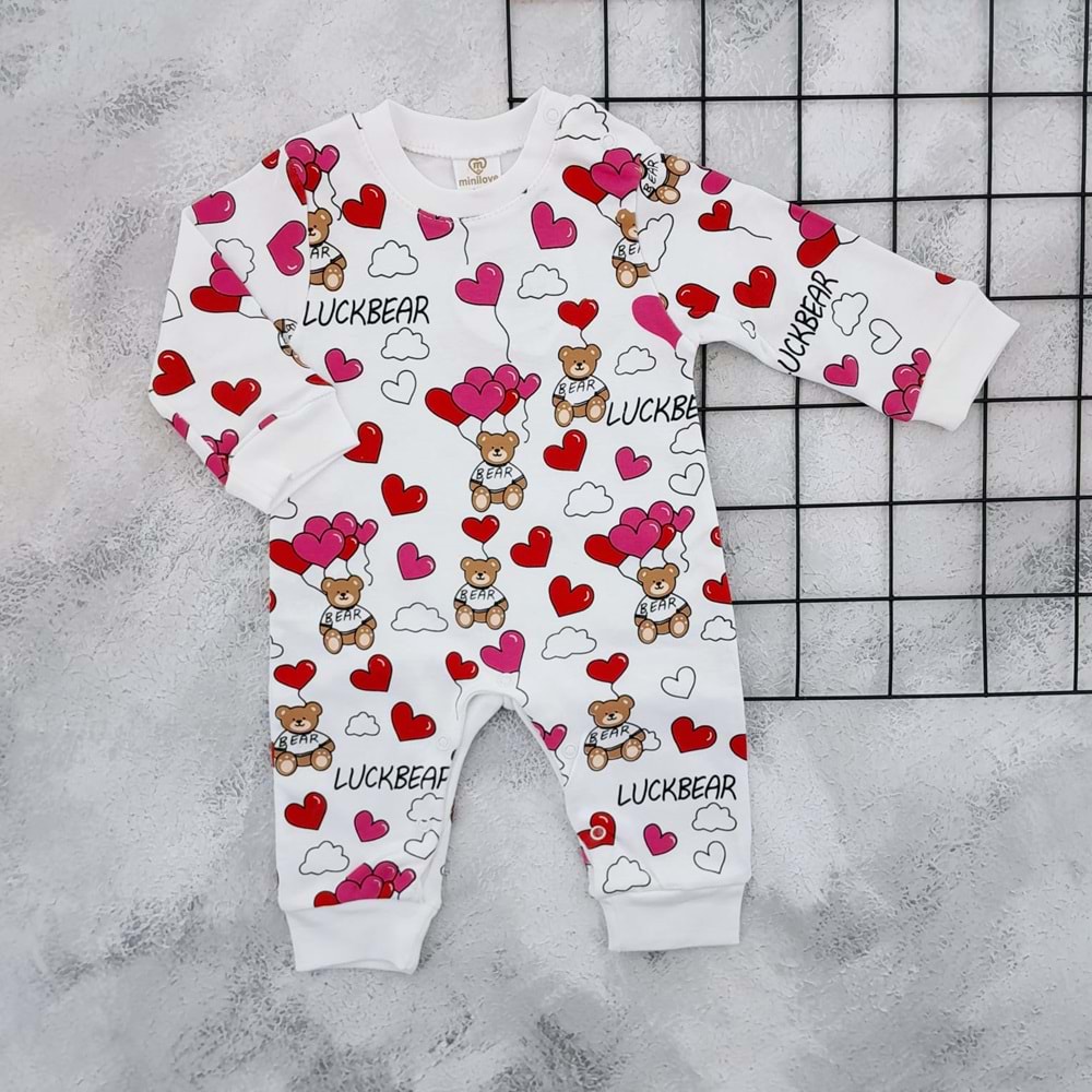 MİNİLOVE 8177 KALPLİ AYICIK BASKILI TULUM - KREM - 9-12 AY