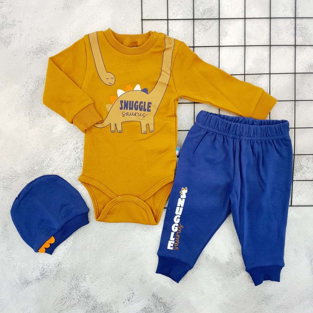 NAZAR 24574 DİNOZOR BASKILI 3 LÜ MEVSİMLİK TAKIM - HARDAL - 18 AY