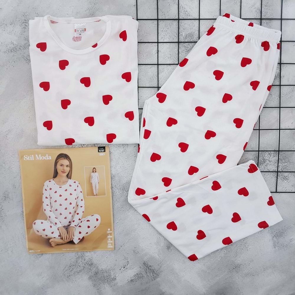 STİL MODA 4737 KALPLİ SÜET PİJAMA TAKIM - KIRMIZI - XXL BEDEN