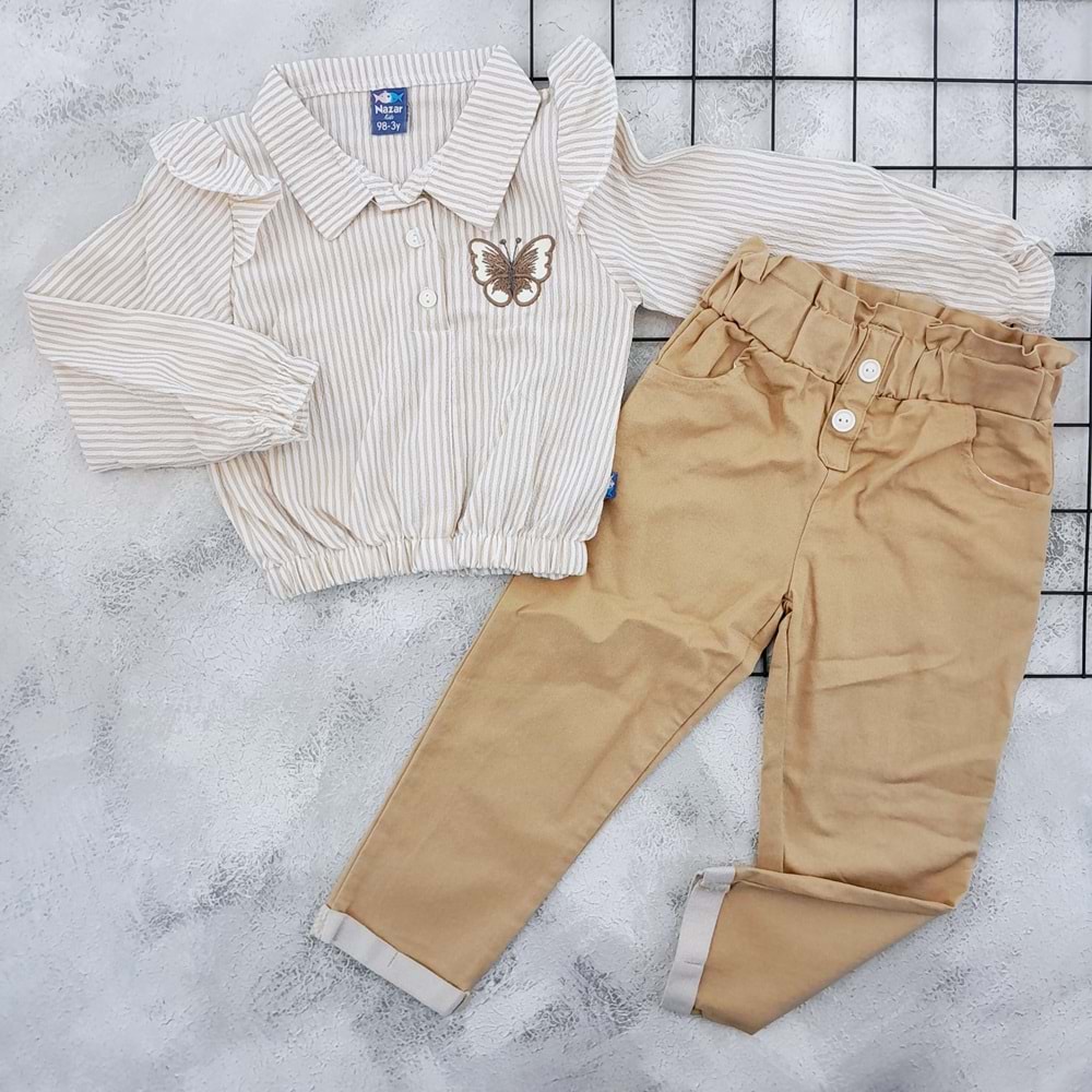 NAZAR 24029 KELEBEK NAKIŞLI ÇİZGİLİ MEVSİMLİK TAKIM - BEJ - 5 YAŞ