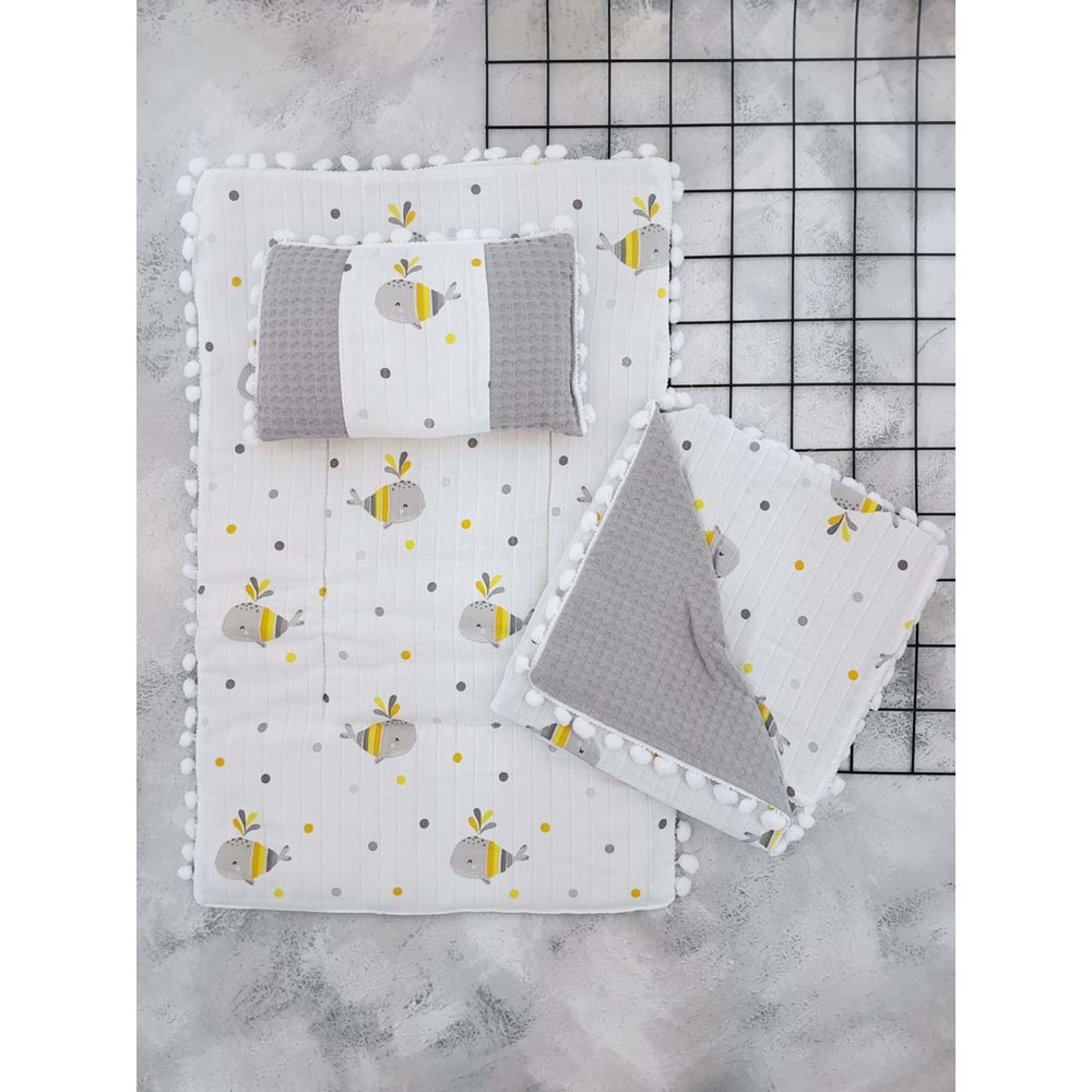 SLEEPY BABY 2510 PONPONLU 3 LÜ MÜSLİN ALTAÇMA SETİ - GRİ