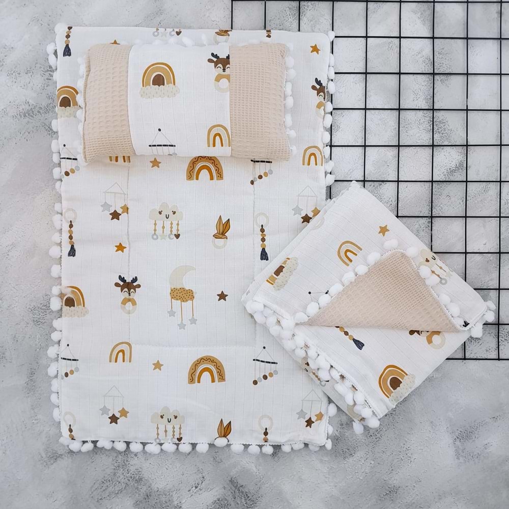 SLEEPY BABY 2510 PONPONLU 3 LÜ MÜSLİN ALTAÇMA SETİ - KAHVE