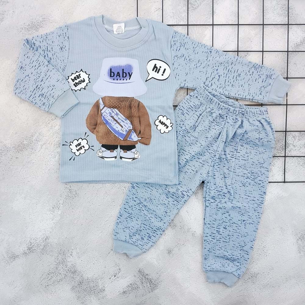 SM 10014 HAPPY BABY BASKILI PİJAMA TAKIM - MAVİ - 6 YAŞ
