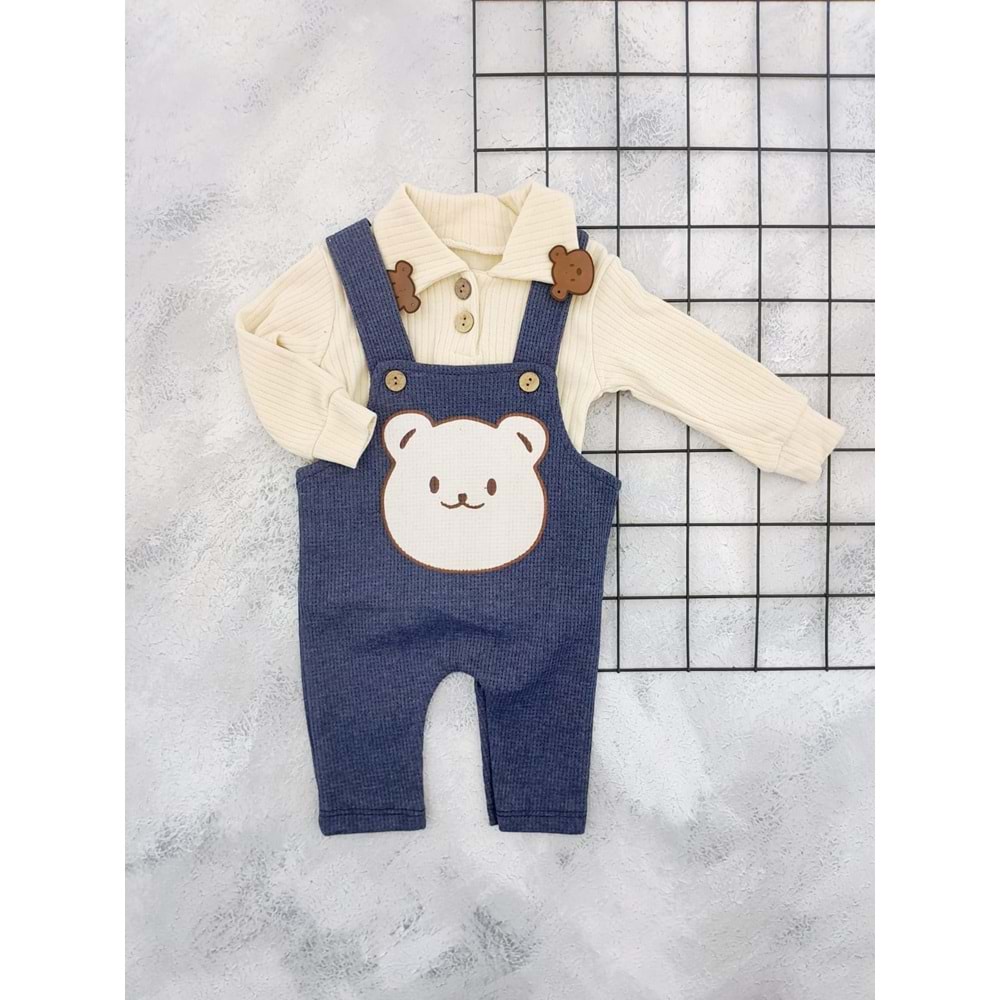 GONCA 1009 WAFFLE KUMAŞ AYI BASKILI BAHÇIVAN - KOYUMAVİ - 12-18 AY