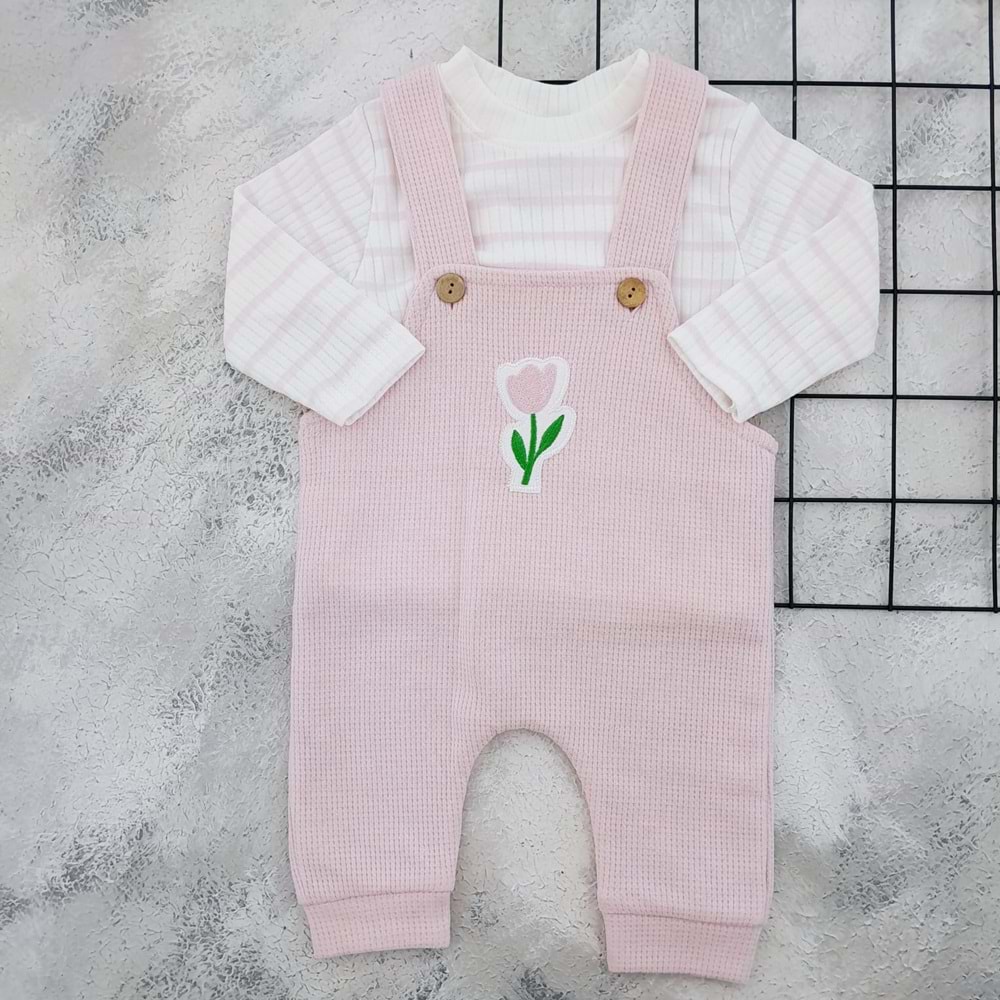 GONCA 1008 WAFFLE KUMAŞ LALE NAKIŞLI BAHÇIVAN - PEMBE - 9-12 AY