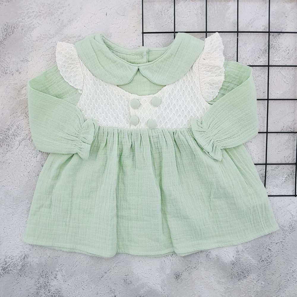 ÇİLEK 3155 BEBE YAKA FIRFIRLI MÜSLİN ELBİSE - YEŞİL - 18 AY