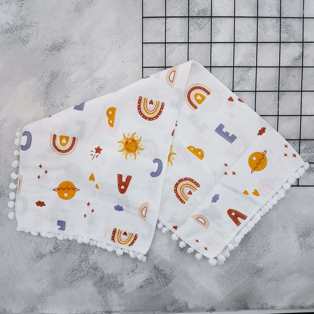 CİX 513 RÜYA KAPANI PONPONLU MÜSLİN BATTANİYE 80*90 - KİREMİT