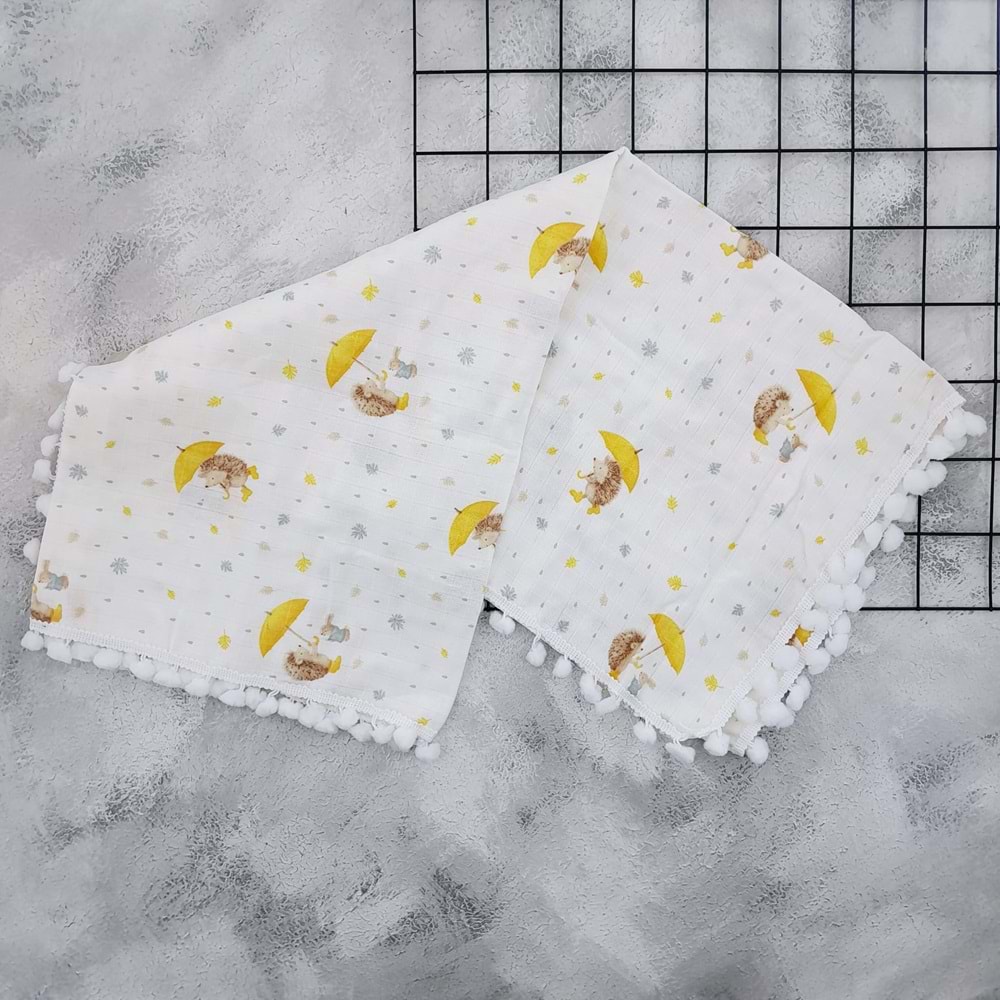 CİX 517 KİRPİ TAVŞAN PONPONLU MÜSLİN BATTANİYE 80*90 - SARI