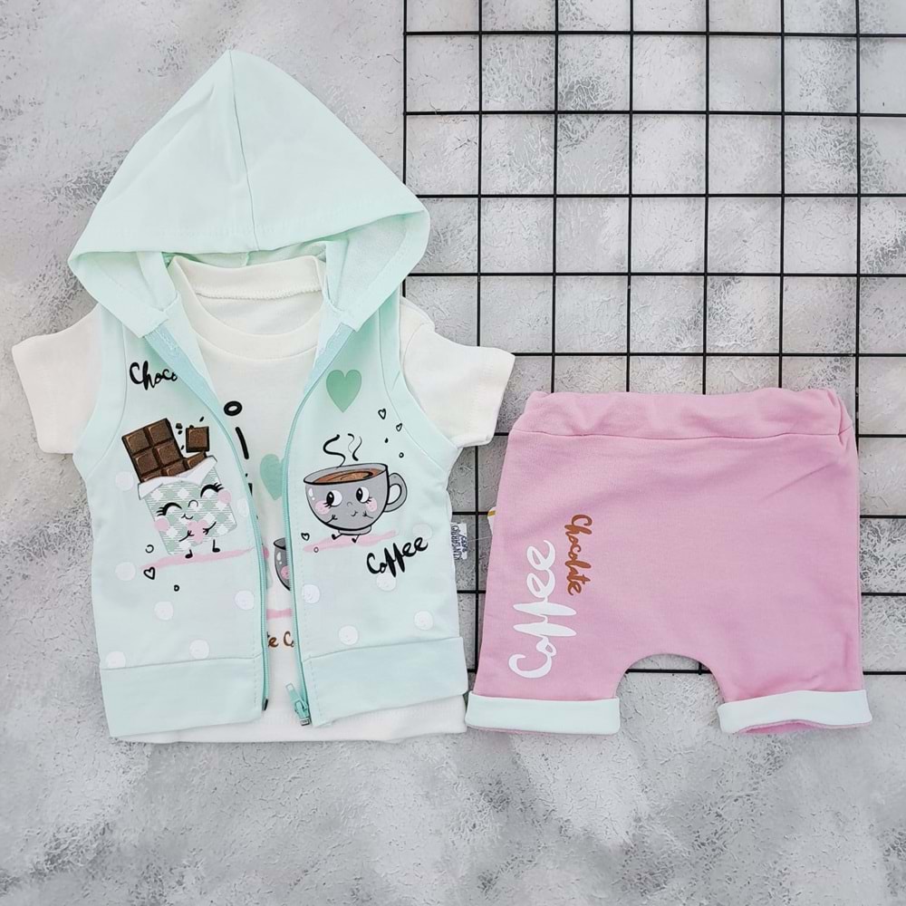 KİNTARRO 07004 KAHVE ÇİKOLATA 3 LÜ YELEK ŞORT TAKIM - MİND - 9-12 AY