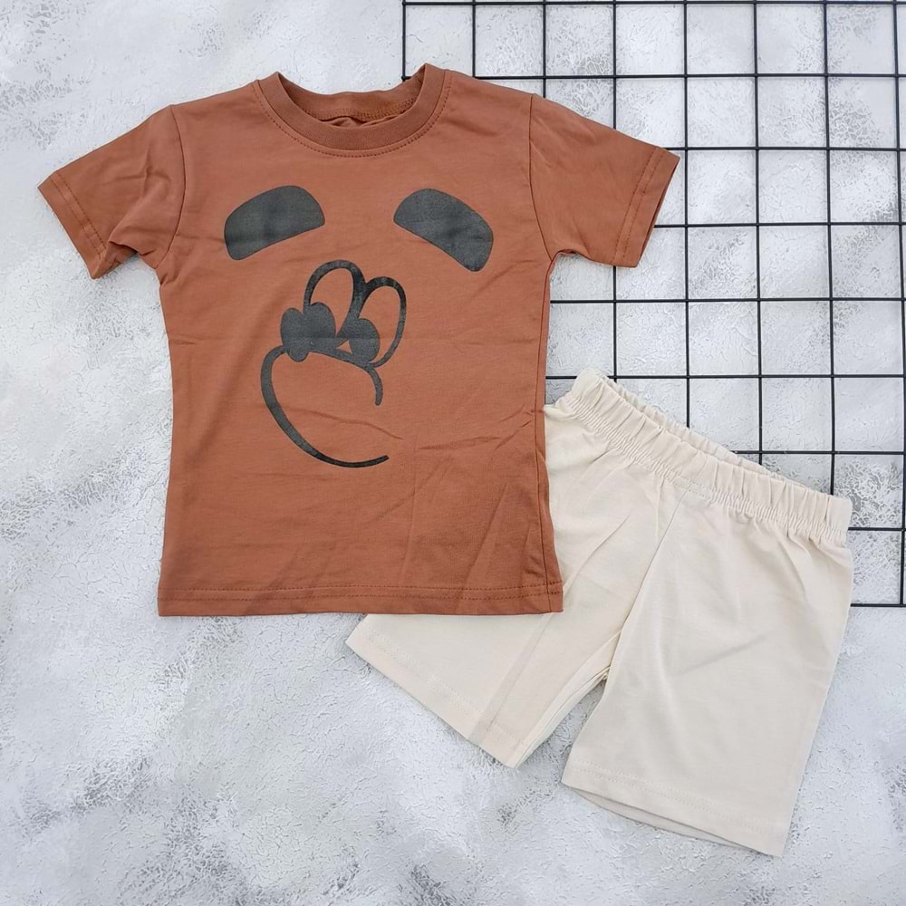 BAMBU 451 KÖPEK YÜZ BASKILI ŞORT TAKIM - KAHVE - 2 YAŞ