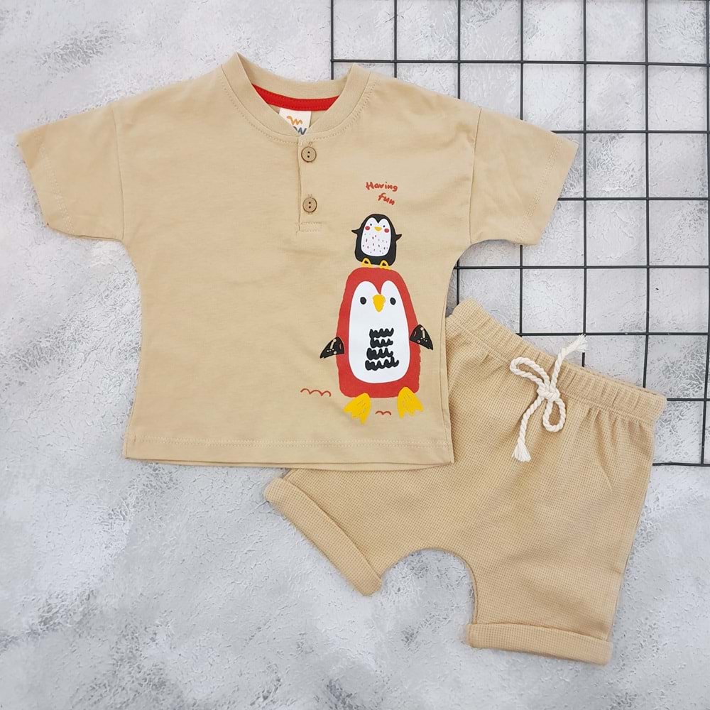 WOW 10613 PENGUEN BASKILI ŞORT TAKIM - SÜTLÜ KAHVE - 18 AY