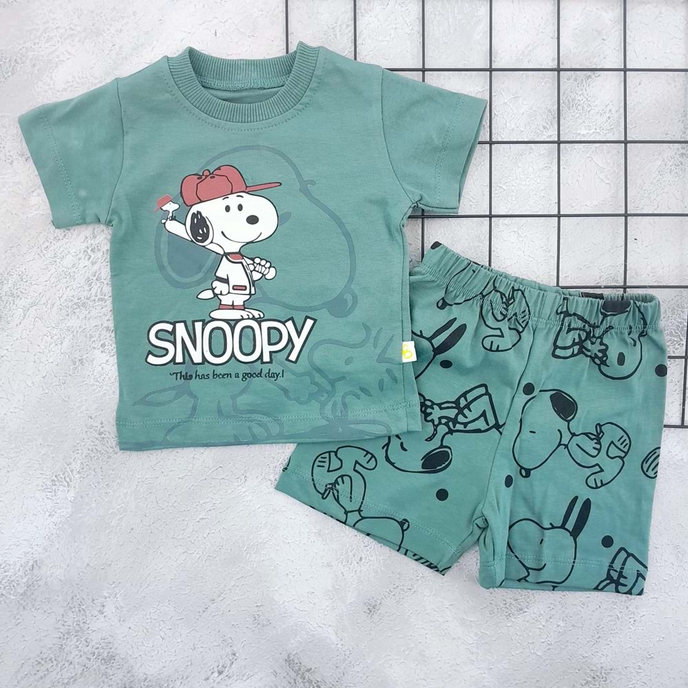 BOBİŞKO 1043 SNOOPY BASKILI ŞORT TAKIM - YEŞİL - 9 AY