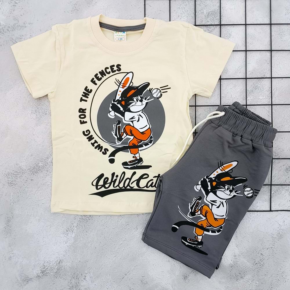 BEKA 111 BEYZBOLCU KEDİ BASKILI ŞORT TAKIM - FÜME - 4-5 YAŞ