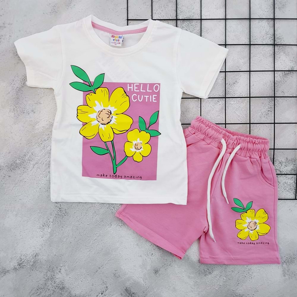 BDB 3022 HELLO CUTIE PAPATYA BASKILI ŞORT TAKIM - PEMBE - 4 YAŞ