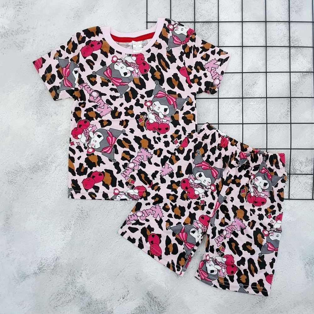 KARAKTERLİ 2052 LEOPAR KUROMİ ŞORT TAKIM - PEMBE - 5 YAŞ