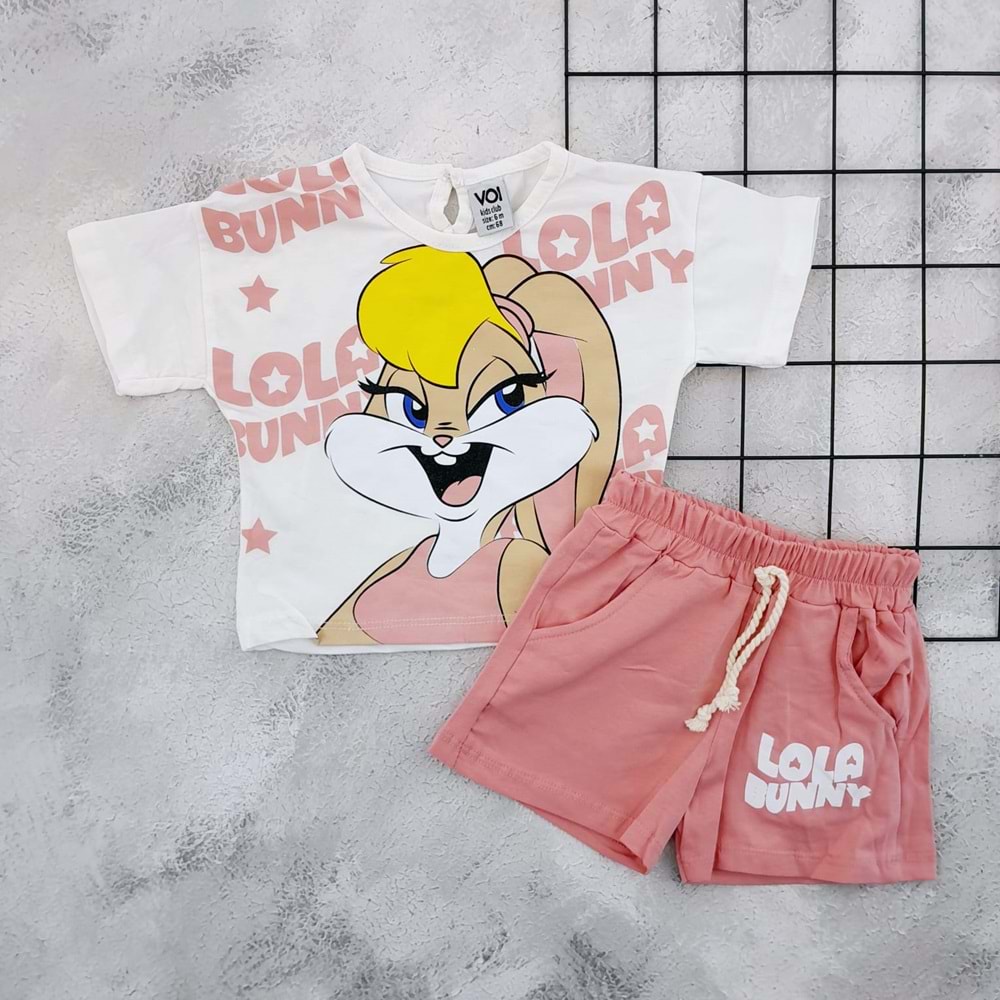 VOIKIDS 53954 LOLO BUNNY BASKILI ŞORT TAKIM - PUDRA - 6 AY