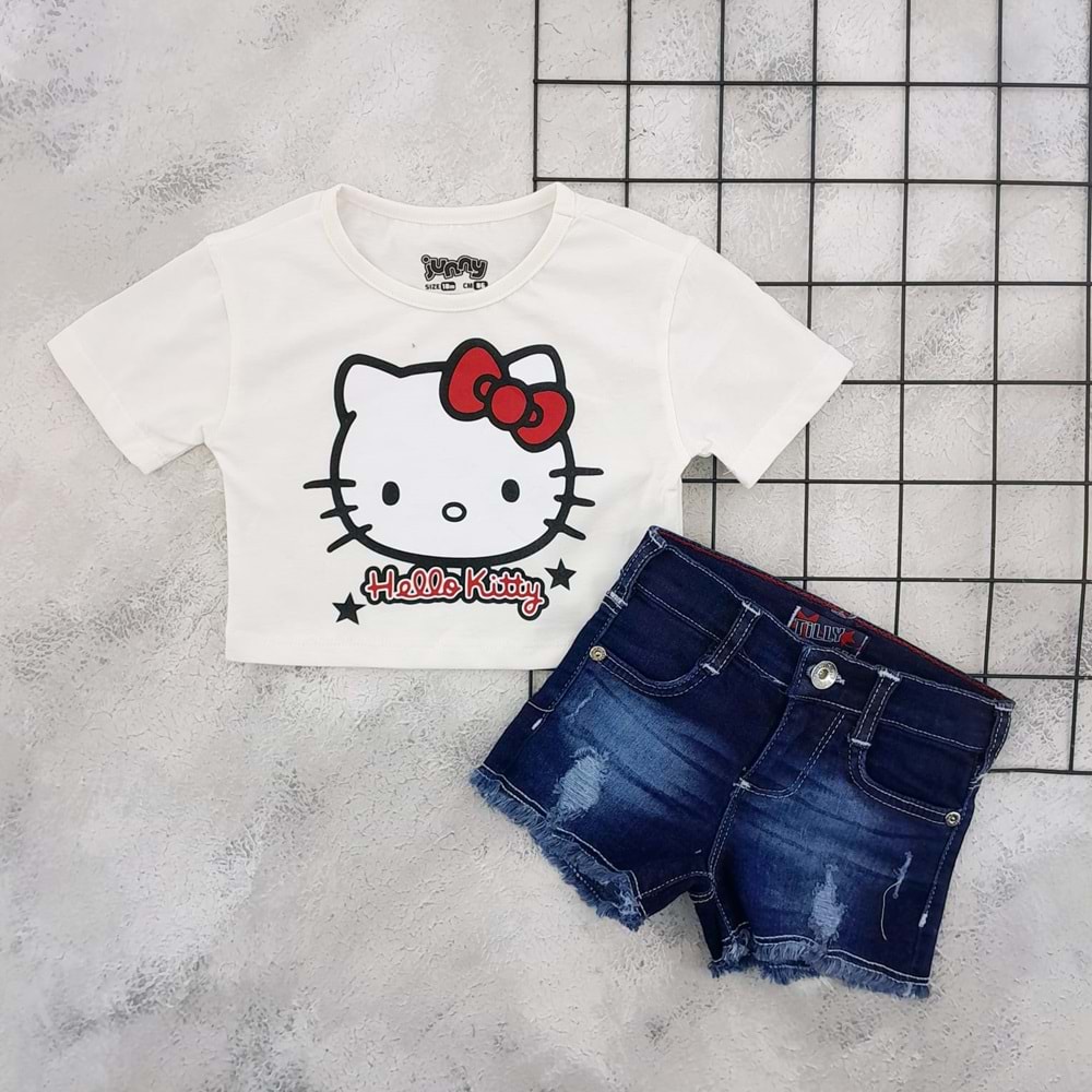 JUNNY 81403 HELLO KİTTY BASKILI KOT ŞORT TAKIM - BEYAZ - 5 YAŞ