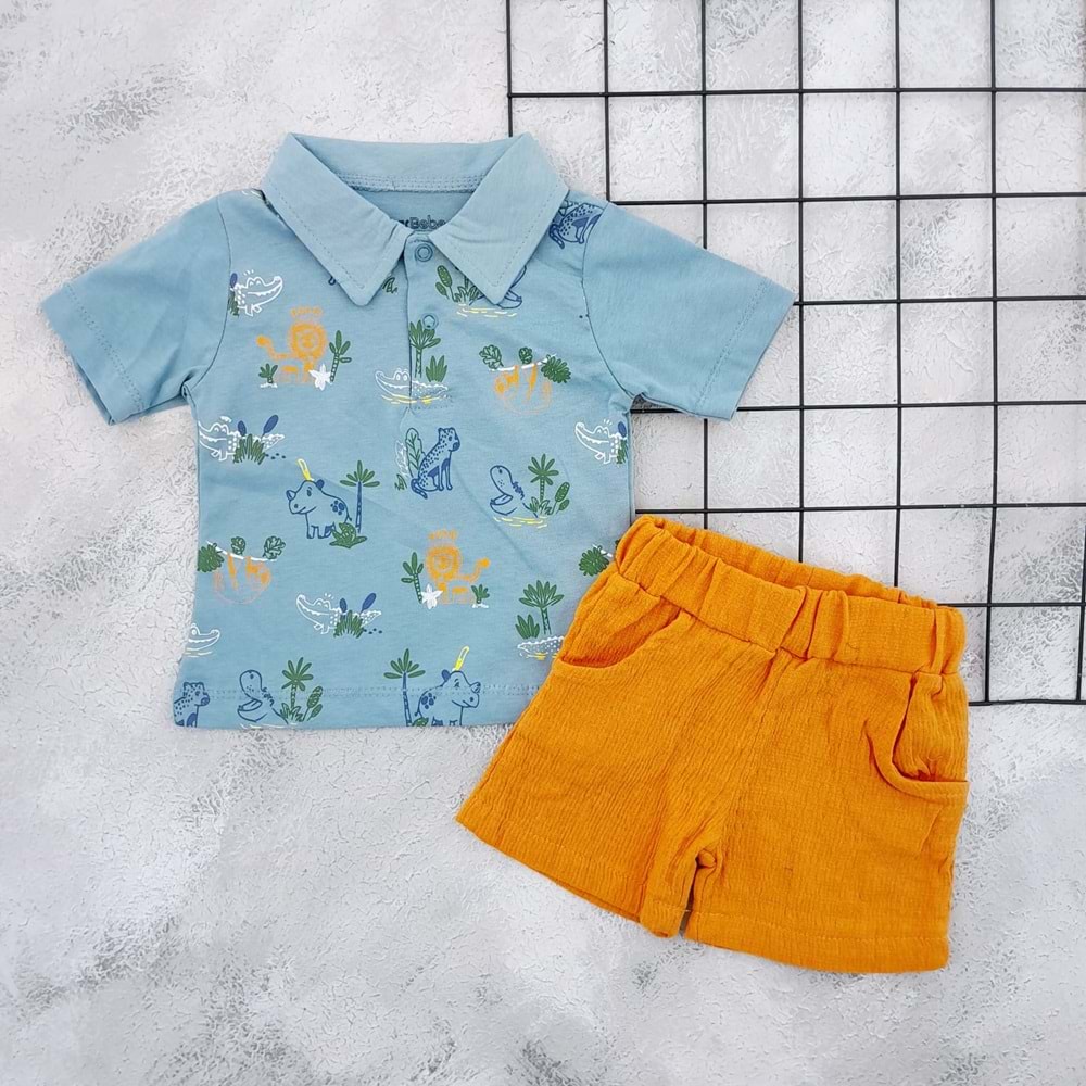 NAZAR 25391 HAYVAN BASKILI MÜSLİN ŞORT TAKIM - MAVİ - 9 AY