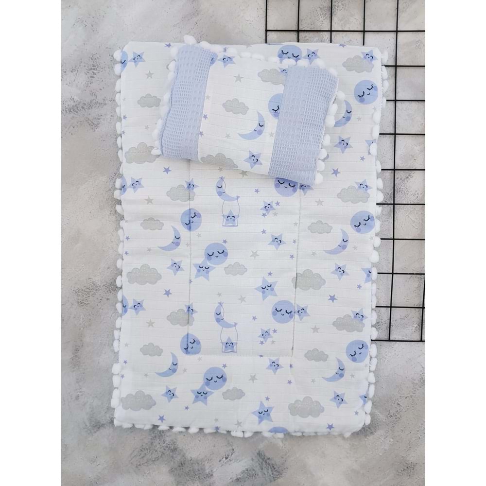 SLEEPY BABY 20245 YILDIZ AY BULUT WAFFLE MÜSLİN ALTAÇMA - MAVİ