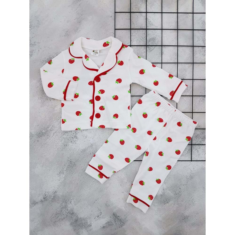 MİNİLOVE 8238 ÇİLEK BASKILI PİJAMA TAKIM - KREM - 12-18 AY