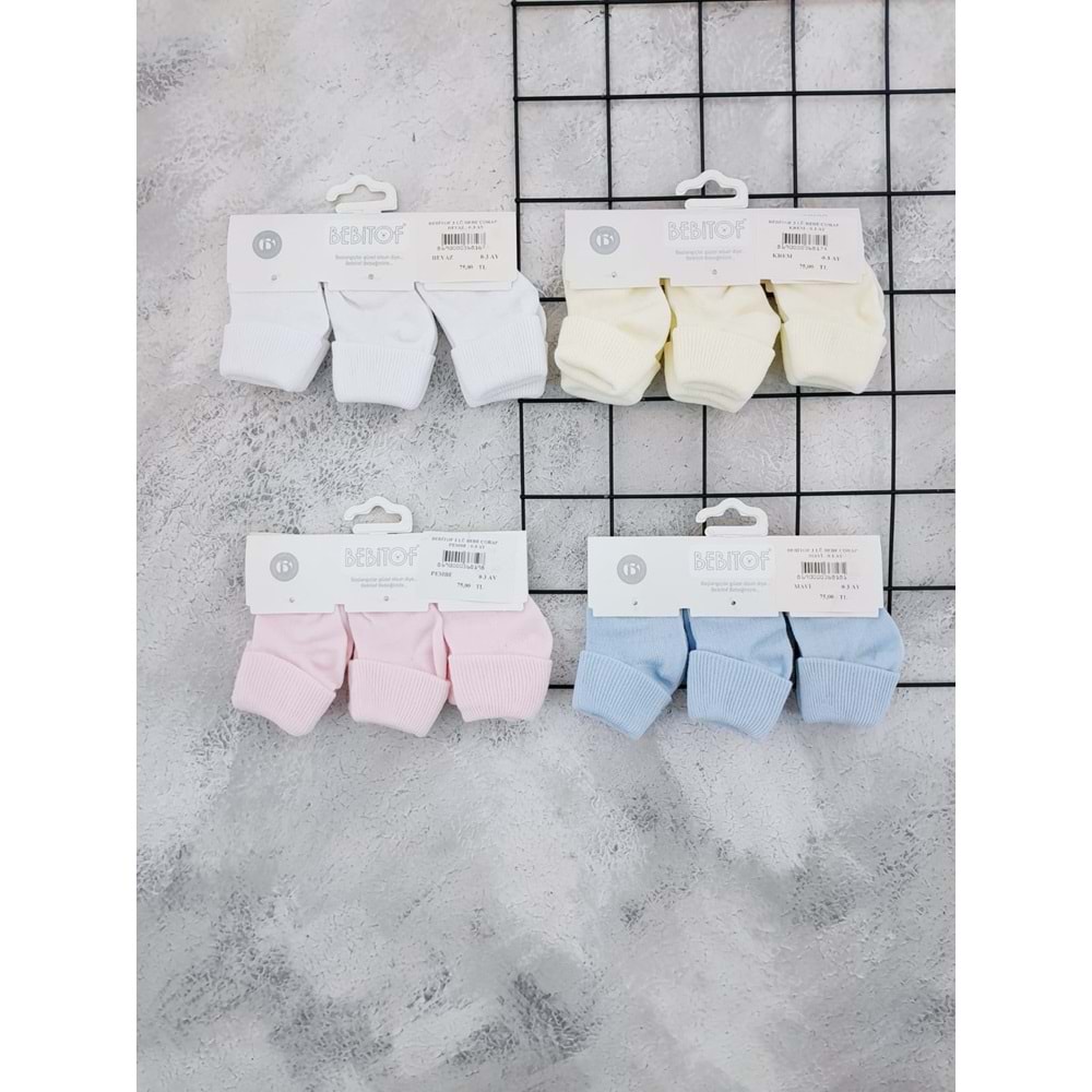 BEBİTOF 3 LÜ BEBE ÇORAP - BEYAZ - 0-3 AY