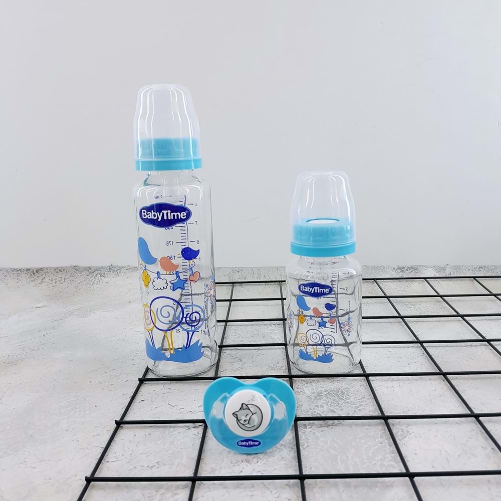BABYTİME 3 LÜ CAM BİBERON SET - MAVİ