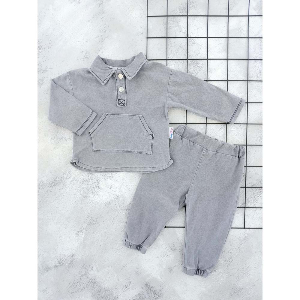 BABY BUU 0269 YAKALI KANGURU CEP DETAY KOT TAKIM - FÜME - 6-9 AY