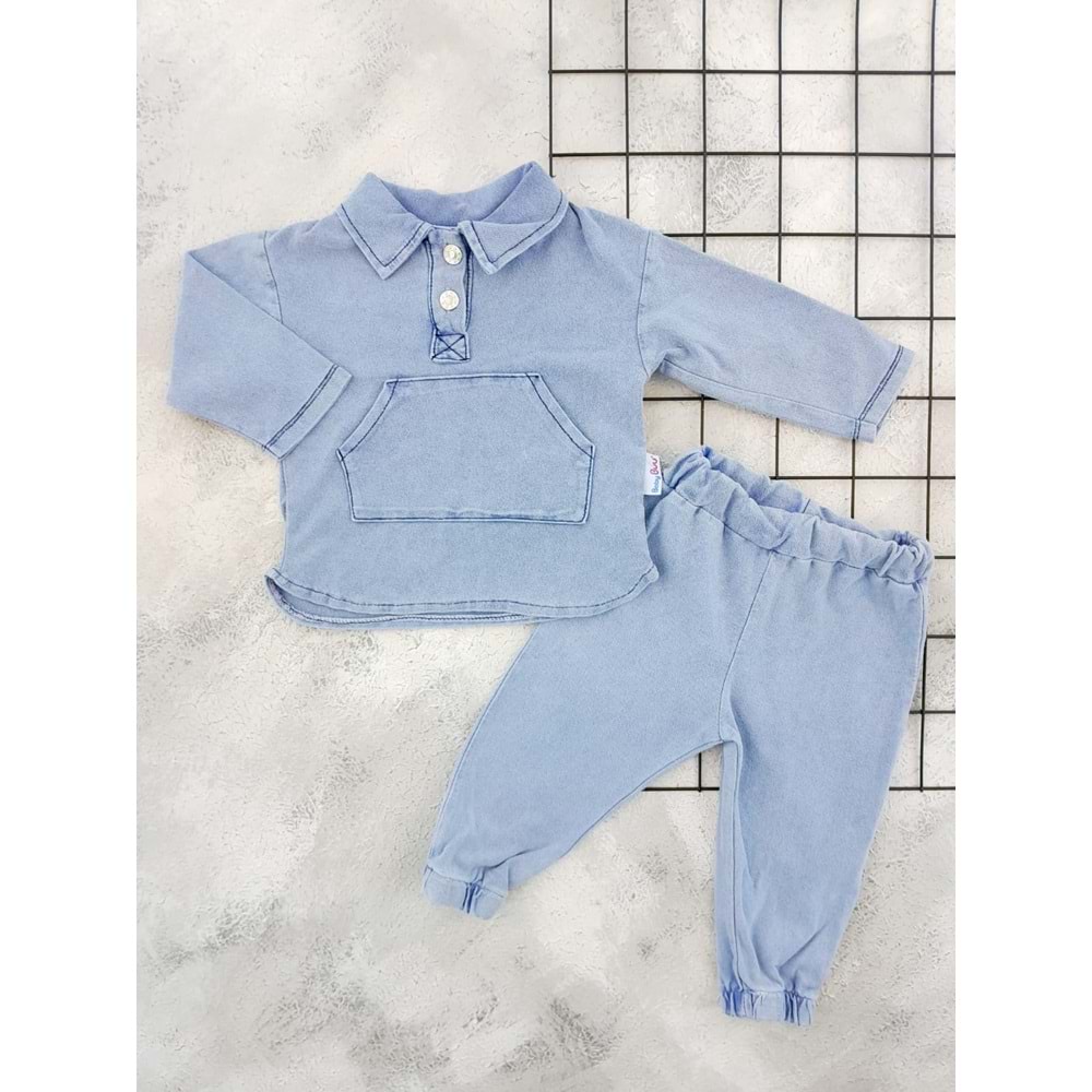 BABY BUU 0269 YAKALI KANGURU CEP DETAY KOT TAKIM - MAVİ - 6-9 AY