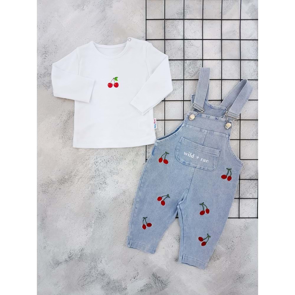 BABY BUU 0320 KİRAZ NAKIŞLI KOT SALOPET - MAVİ - 6-9 AY