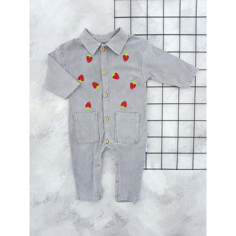 BABY BUU 0256 ÇİLEK NAKIŞLI KOT TULUM - FÜME - 6-9 AY