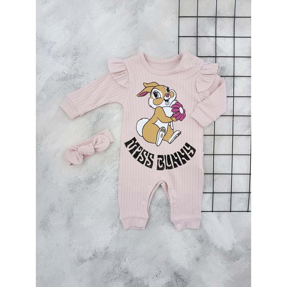 BABYMİİ 0230 MUTLU TAVŞAN BASKILI TULUM - GÜL KURUSU - 6-9 AY
