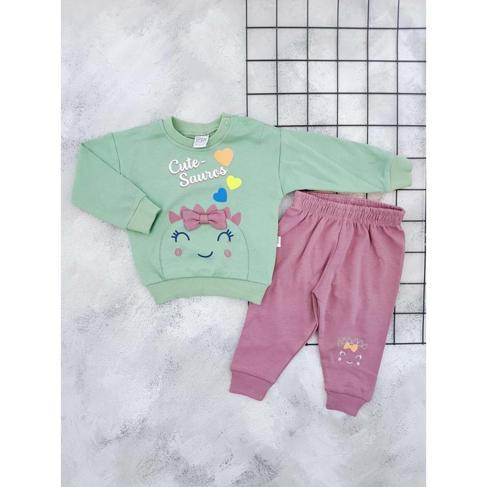 NAZAR 25748 CUTE SAUROS BASKILI MEVSİMLİK TAKIM - YEŞİL - 9 AY