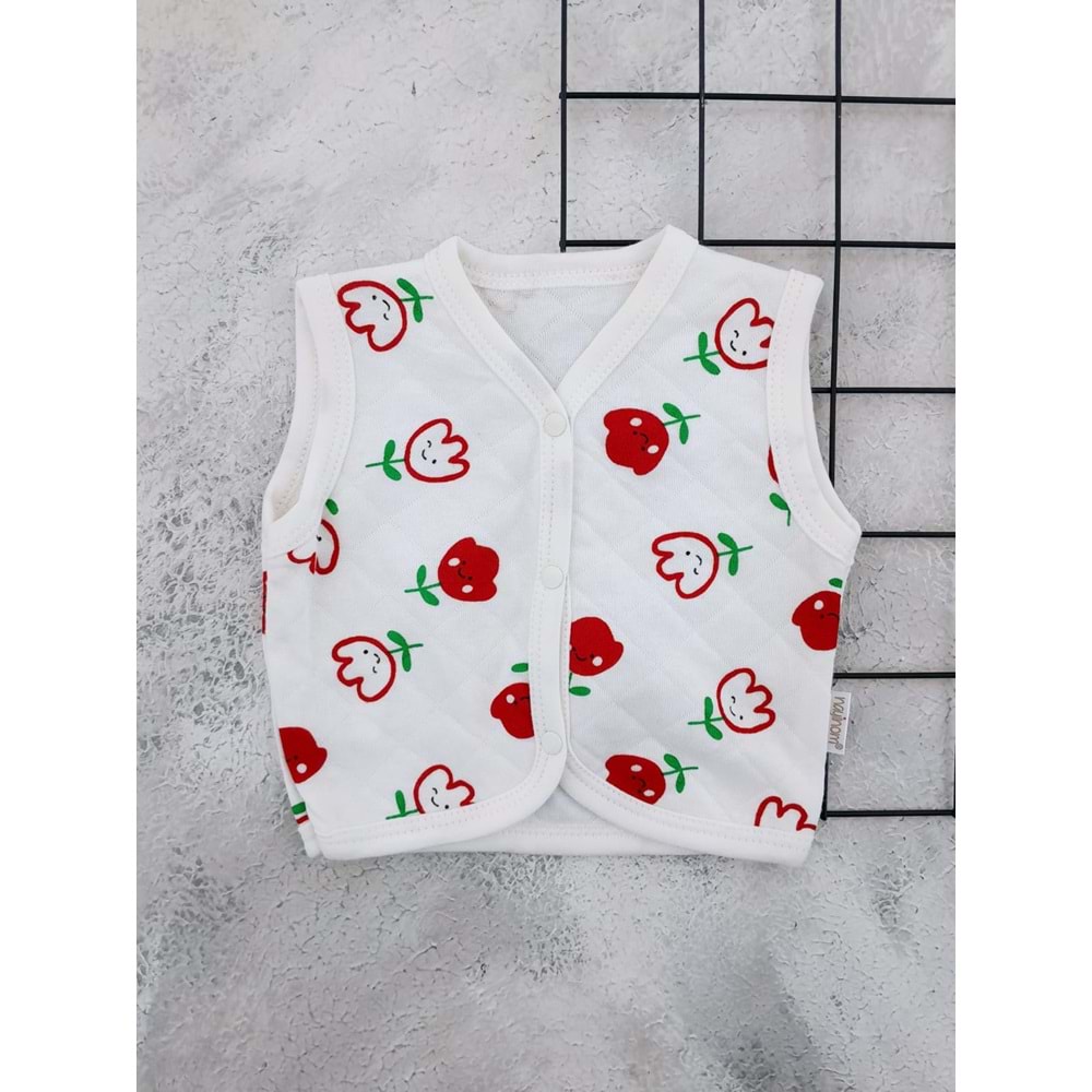 NAYİNOM 0211 LALE BASKILI BEBE YELEK - KREM - 0 AY