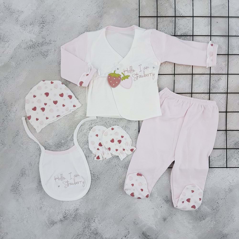 ÇİLEK 8003 PAPATYA ÇİLEK NAKIŞ 5 Lİ YENİDOĞAN SET - PEMBE - 0-3 AY