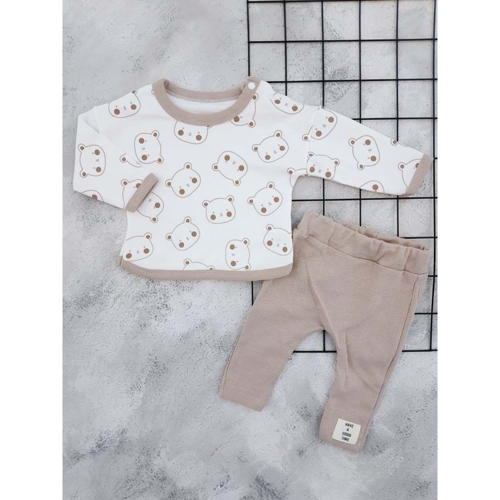 AİRBABY 137 WAFFLE AYI BASKILI MEVSİMLİK TAKIM - BEJ - 6-9 AY