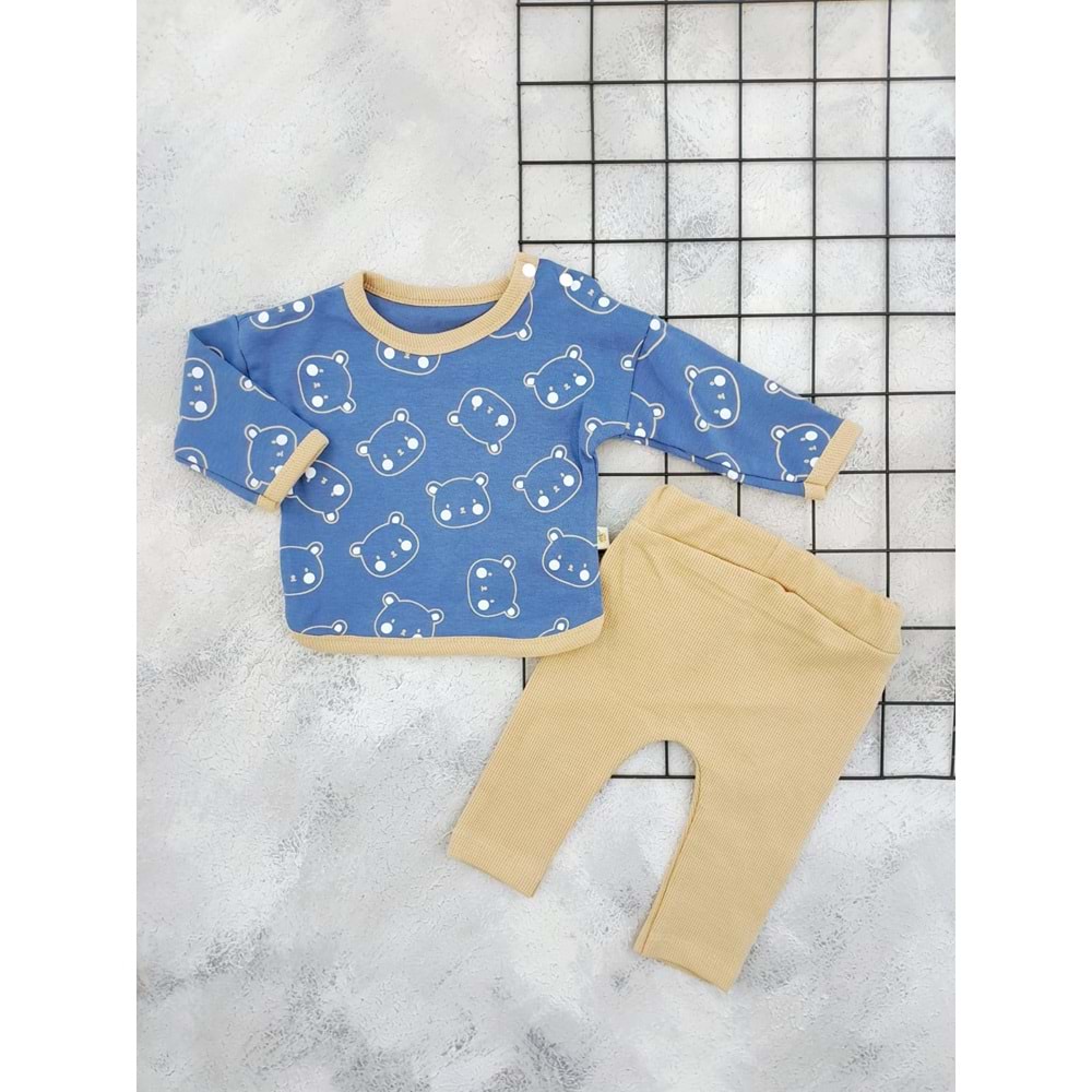 AİRBABY 137 WAFFLE AYI BASKILI MEVSİMLİK TAKIM - MAVİ - 6-9 AY