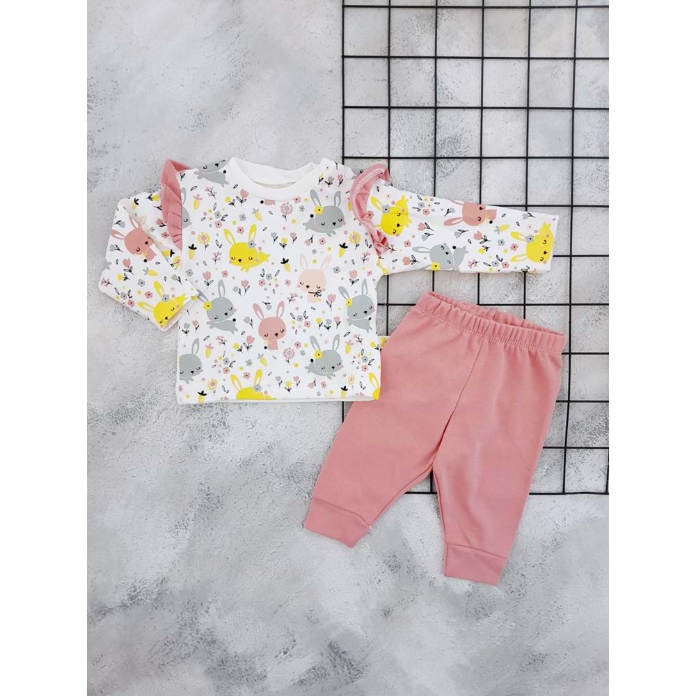 AİRBABY 117 ÇİÇEKLİ TAVŞAN BASKILI MEVSİMLİK TAKIM - NAR ÇİÇEĞİ - 9-12 AY