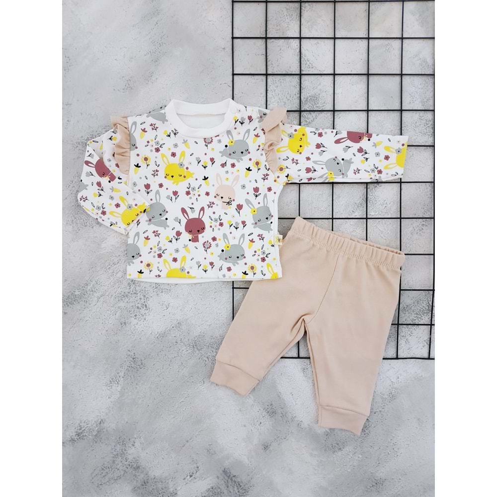 AİRBABY 117 ÇİÇEKLİ TAVŞAN BASKILI MEVSİMLİK TAKIM - PUDRA - 0-3 AY
