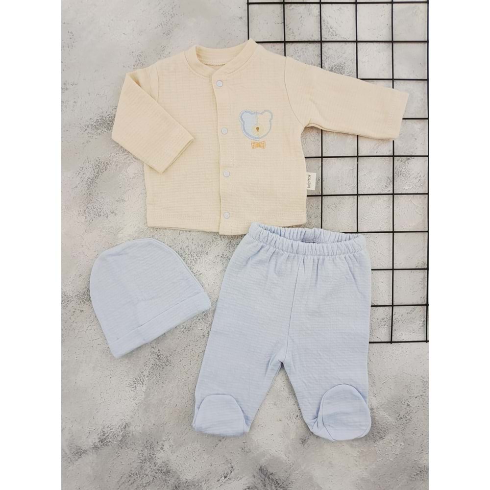 BEBİTOF 80164 AYICIK NAKIŞLI 3 LÜ TAKIM - BEJ-MAVİ - 0-3 AY