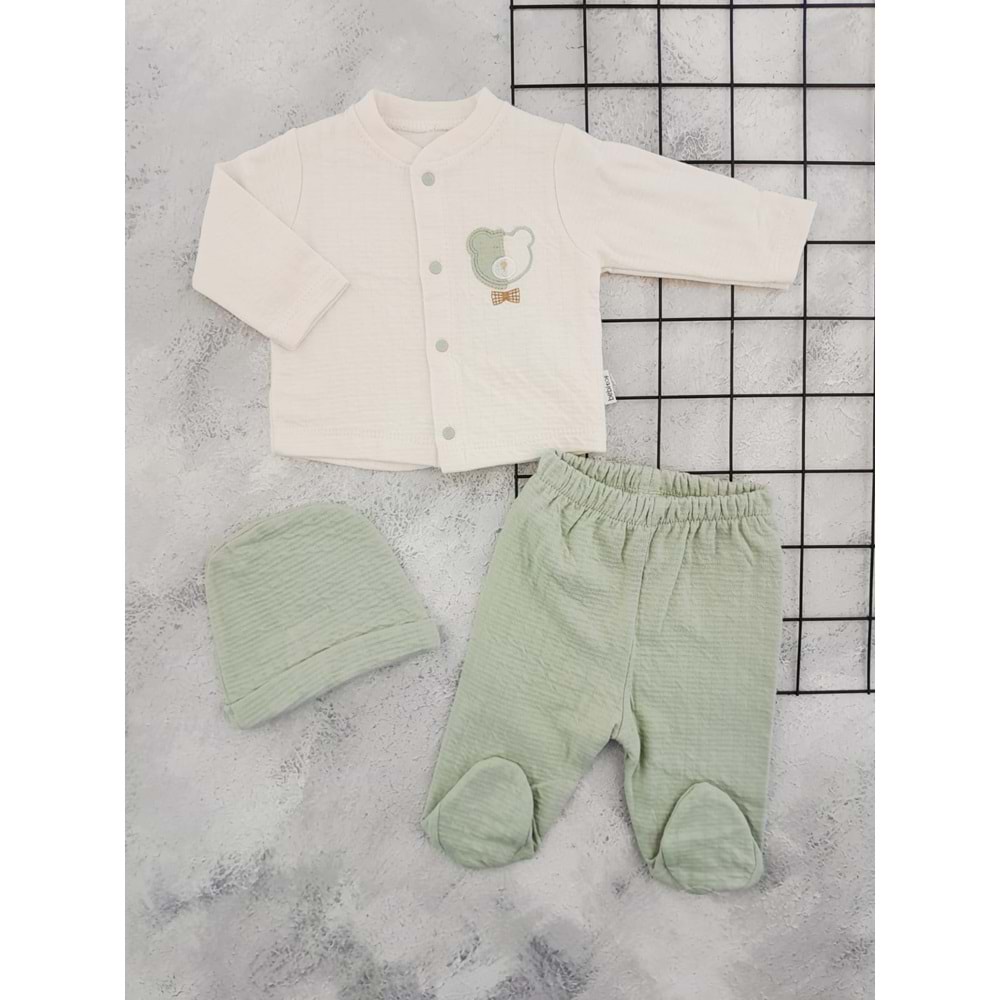 BEBİTOF 80164 AYICIK NAKIŞLI 3 LÜ TAKIM - KREM-YEŞİL - 3-6 AY