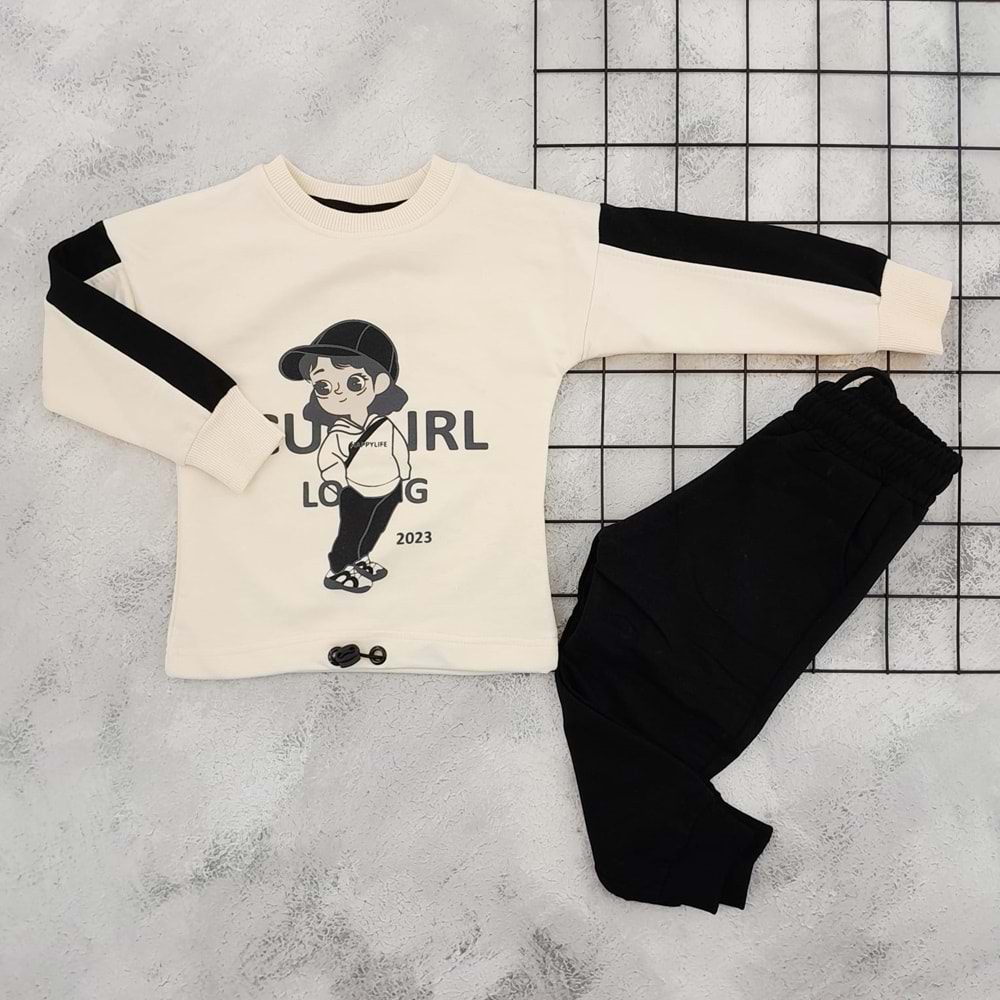 YUKO 10010 ŞAPKALI KIZ BASKILI MEVSİMLİK TAKIM - SİYAH - 2 YAŞ