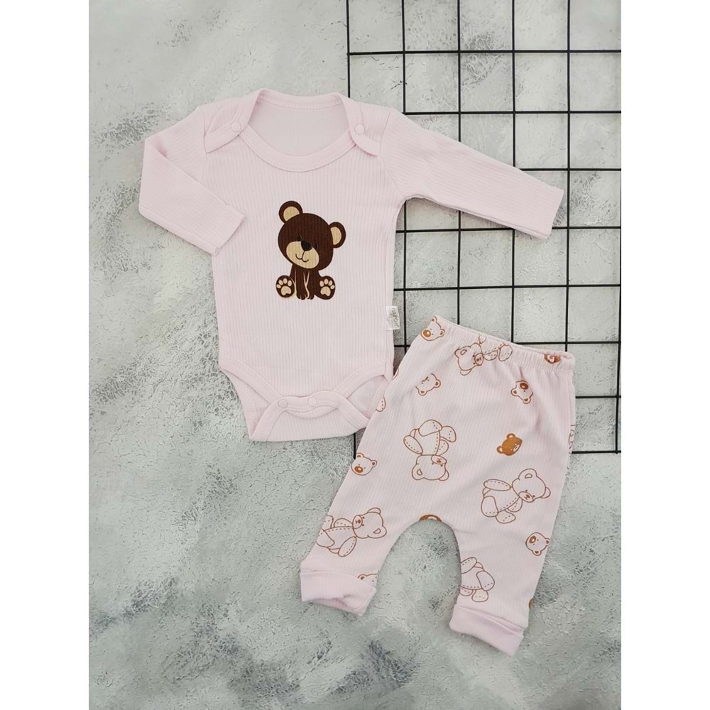 NAYİNOM 2418 AYICIK BASKILI 2 Lİ BADİ TAKIM - PEMBE - 6-9 AY