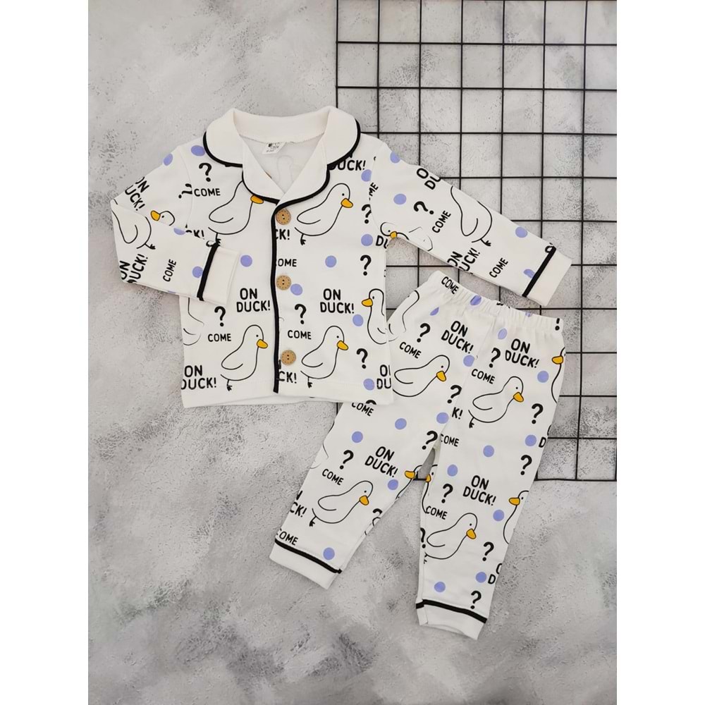 MİNİLOVE 8246 PUANLI KUŞ BASKILI PİJAMA TAKIM - KREM - 9-12 AY