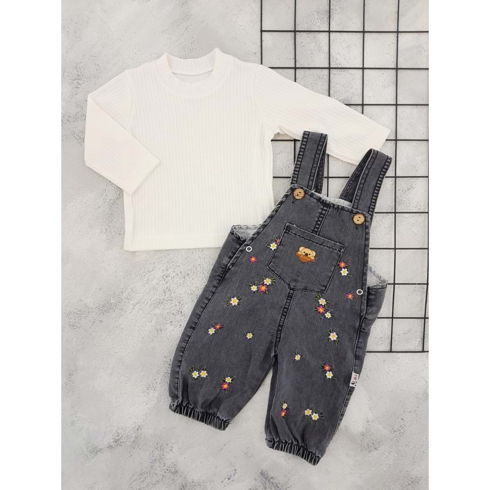 MY KOALA 0606 ÇİÇEK NAKIŞLI KOT SALOPET - FÜME - 9 AY