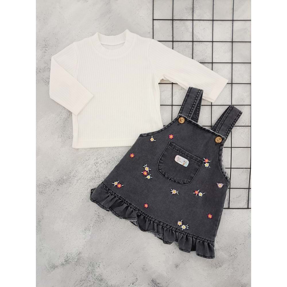 MY KOALA 0608 ÇİÇEK NAKIŞLI KOT ELBİSE - FÜME - 12 AY