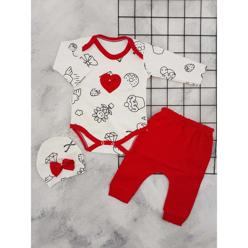 NİKUBY 1755 KANATLI KALP NAKIŞLI BADİ TAKIM - KIRMIZI - 6-9 AY