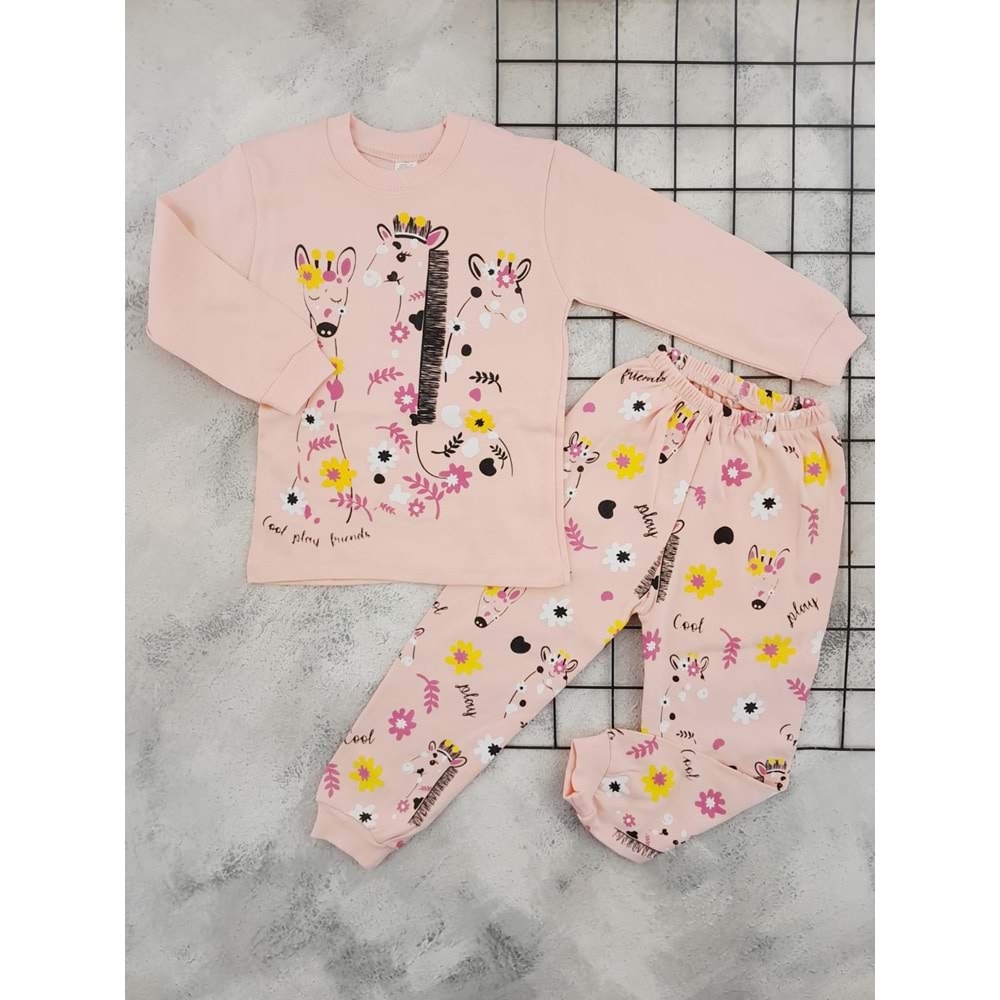 BEBEMER 0101 ZÜRAFA BASKILI PİJAMA TAKIM - SOMON - 4 YAŞ