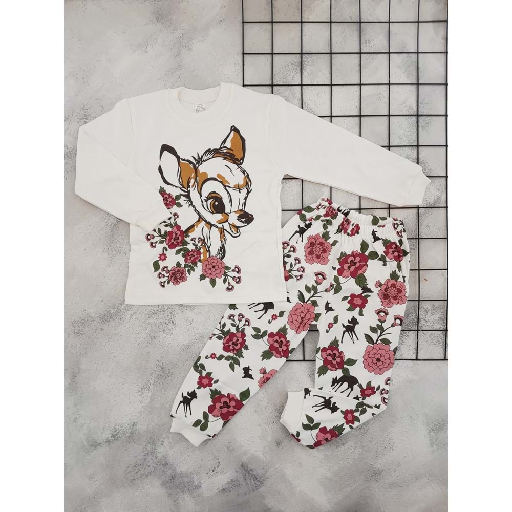 BEBEMER 0104 BAMBİ GEYİK BASKILI PİJAMA TAKIM - KREM - 6 YAŞ